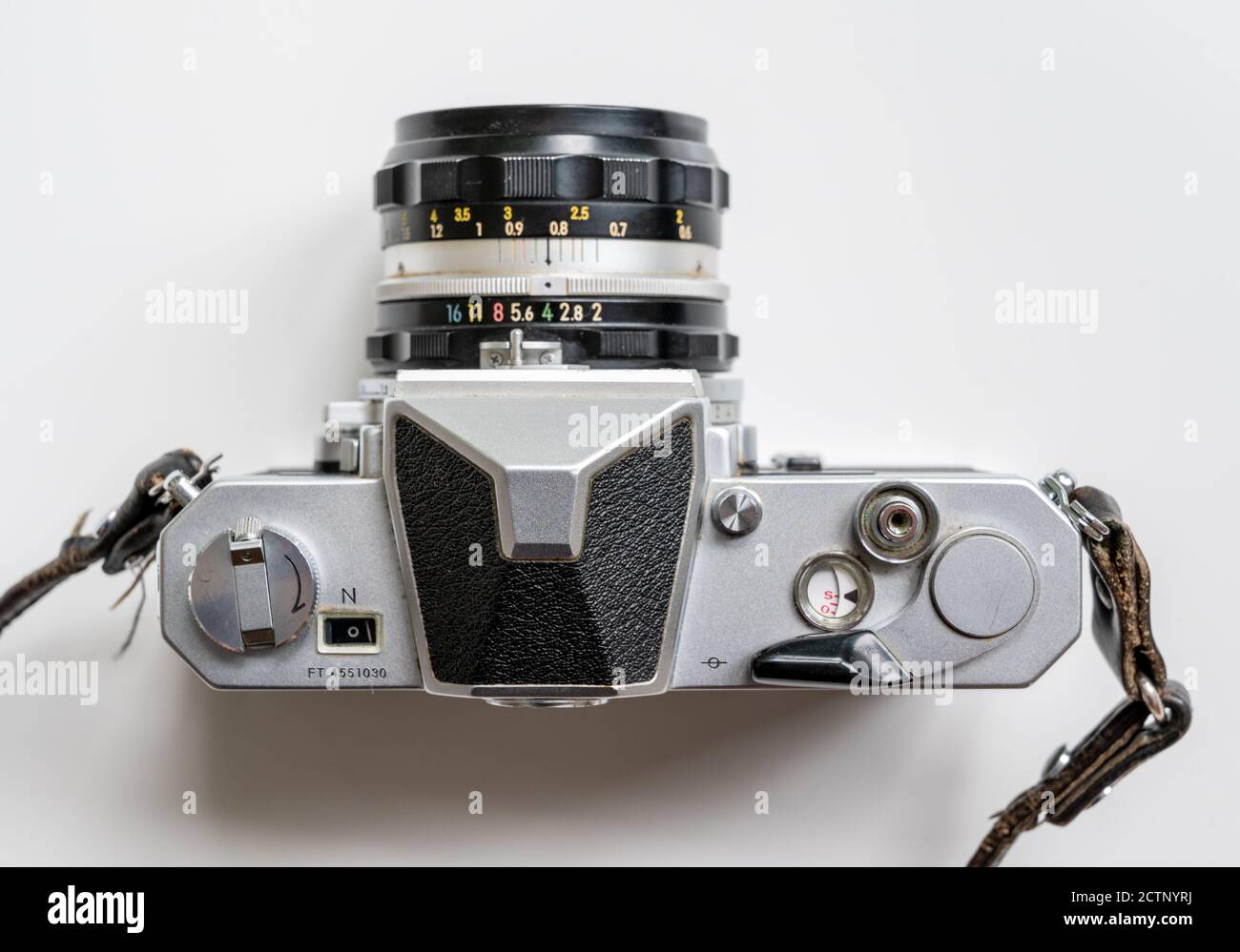 Nikon Nikkormat FTN camera body and Nikkor 50mm 1:2 lens seen from