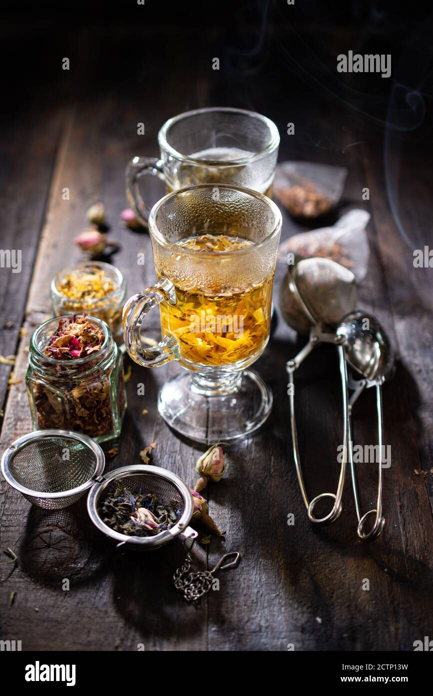 Morning breakfast with tea.Autumn drink.Wooden table.Healthy food and snack. Stock Photo