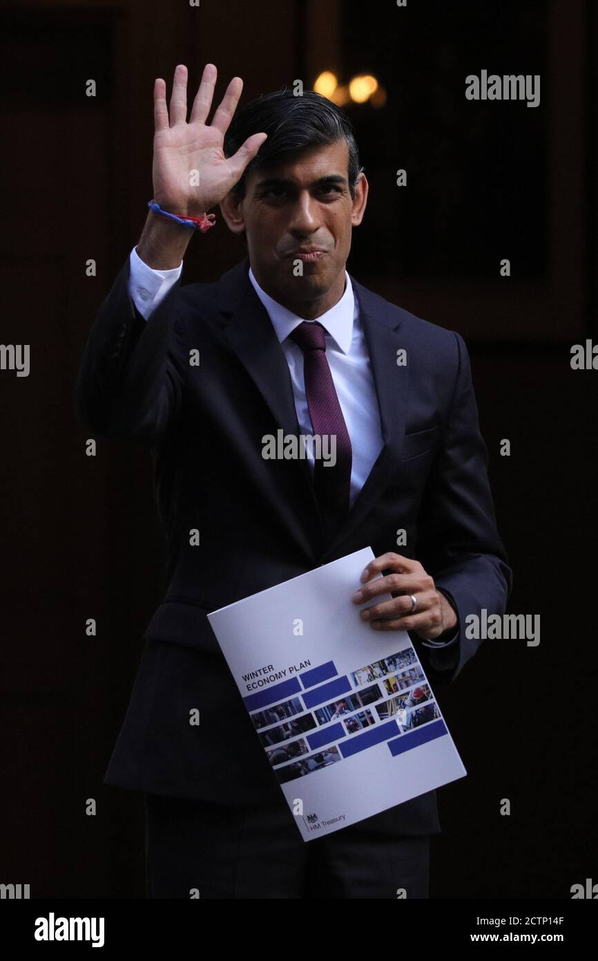 London, Britain. 24th Sep, 2020. Britain's Chancellor of the Exchequer Rishi Sunak gestures outside 11 Downing Street in London, Britain, on Sept. 24, 2020. Rishi Sunak on Thursday unveiled a new package of aid for businesses and workers, saying that COVID-19 will mean permanent changes to the British industry. Credit: Tim Ireland/Xinhua/Alamy Live News Stock Photo