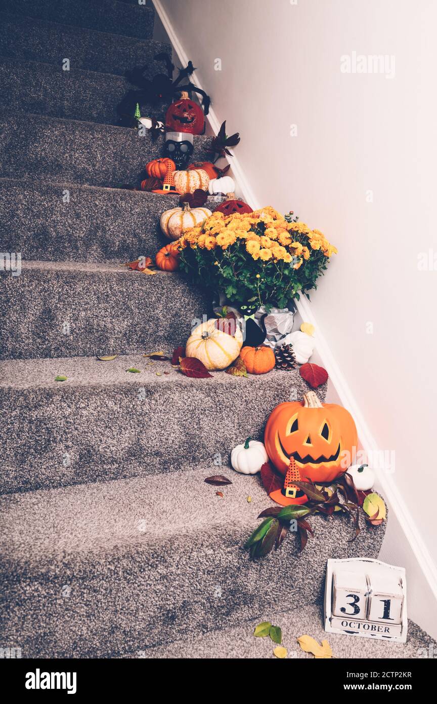 Pumpkins and decorations on stairs Stock Photo