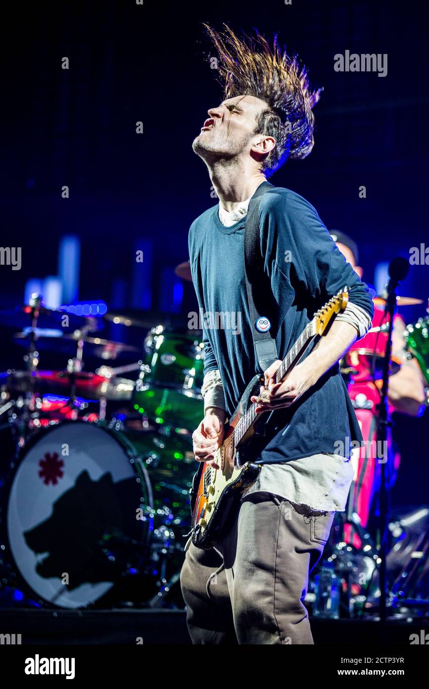 Herning, Denmark. 16th, November 2016. The rock band Red Hot Chili Peppers performs a concert at Boxen in Herning. Here guitarist Josh Klinghoffer is seen on stage. (Photo credit: