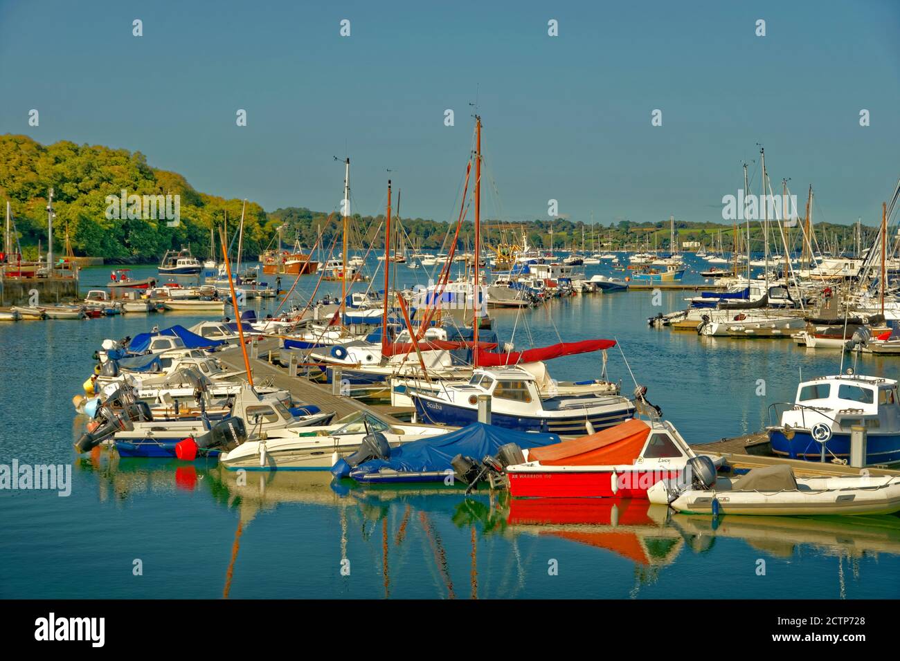 Boat moorings at Mylor Church on the Carrick Roads near Falmouth, Cornwall, England. Stock Photo