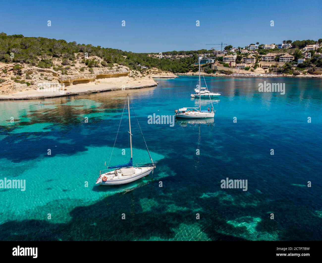 sailboat at anchor, Cala Portals Vells, Calvia, Mallorca, Balearic Islands, Spain Stock Photo