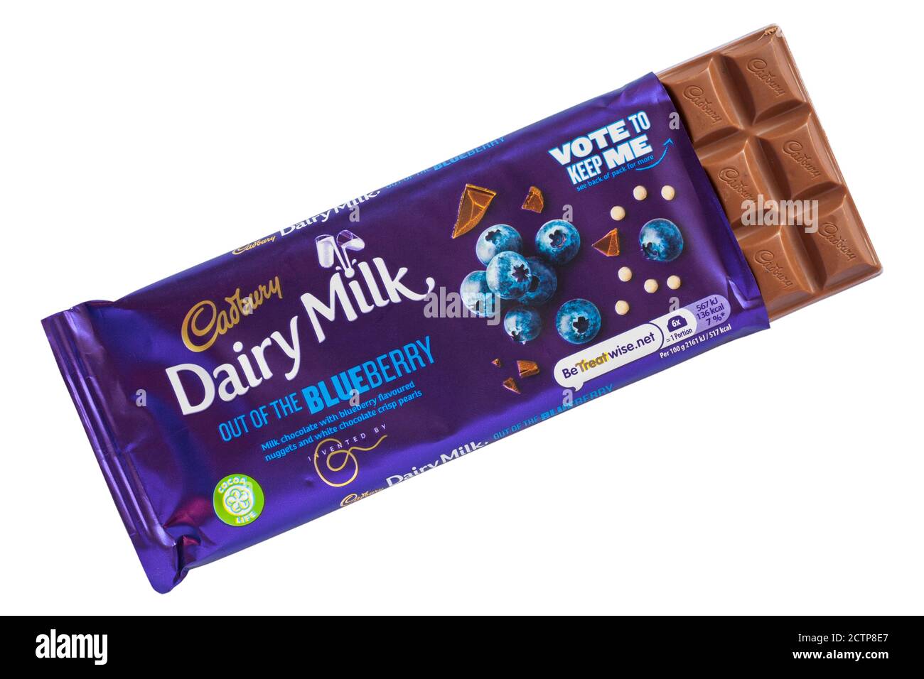 Bar of Cadbury Dairy Milk out of the Blueberry chocolate bar opened to ...