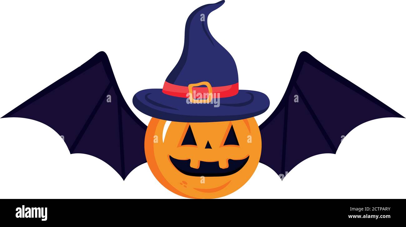 halloween pumpkin cartoon with bat wings and hat vector design Stock ...