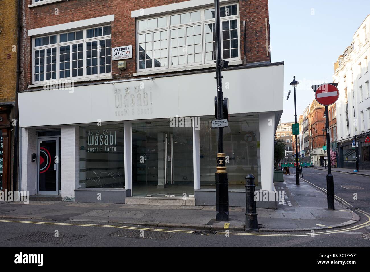 London, UK. - 22 Sept 2020: The former Wardour Street branch of Wasabu in  Soho, now empty and cleared out of its fixtures and fittings. The sushi chain was forced to close a number of stores after sales were hit by the coronavirus pandemic. Stock Photo