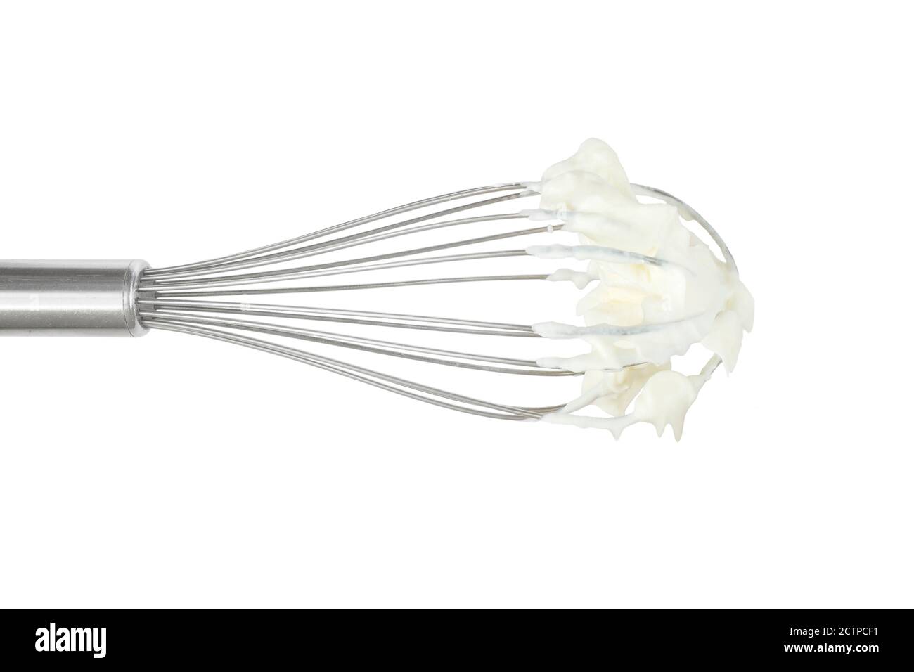 wire whisk, egg beater with whipping cream, isolated on white background, mock up or design element Stock Photo