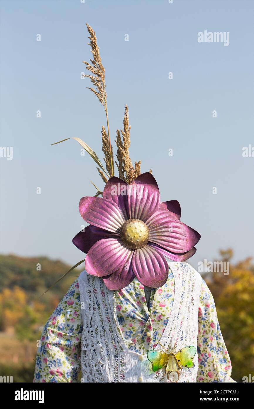 A scarecrow with a flower face, on display at the Minnesota Landscape Arboretum in Chanhassen, MN, USA. Stock Photo