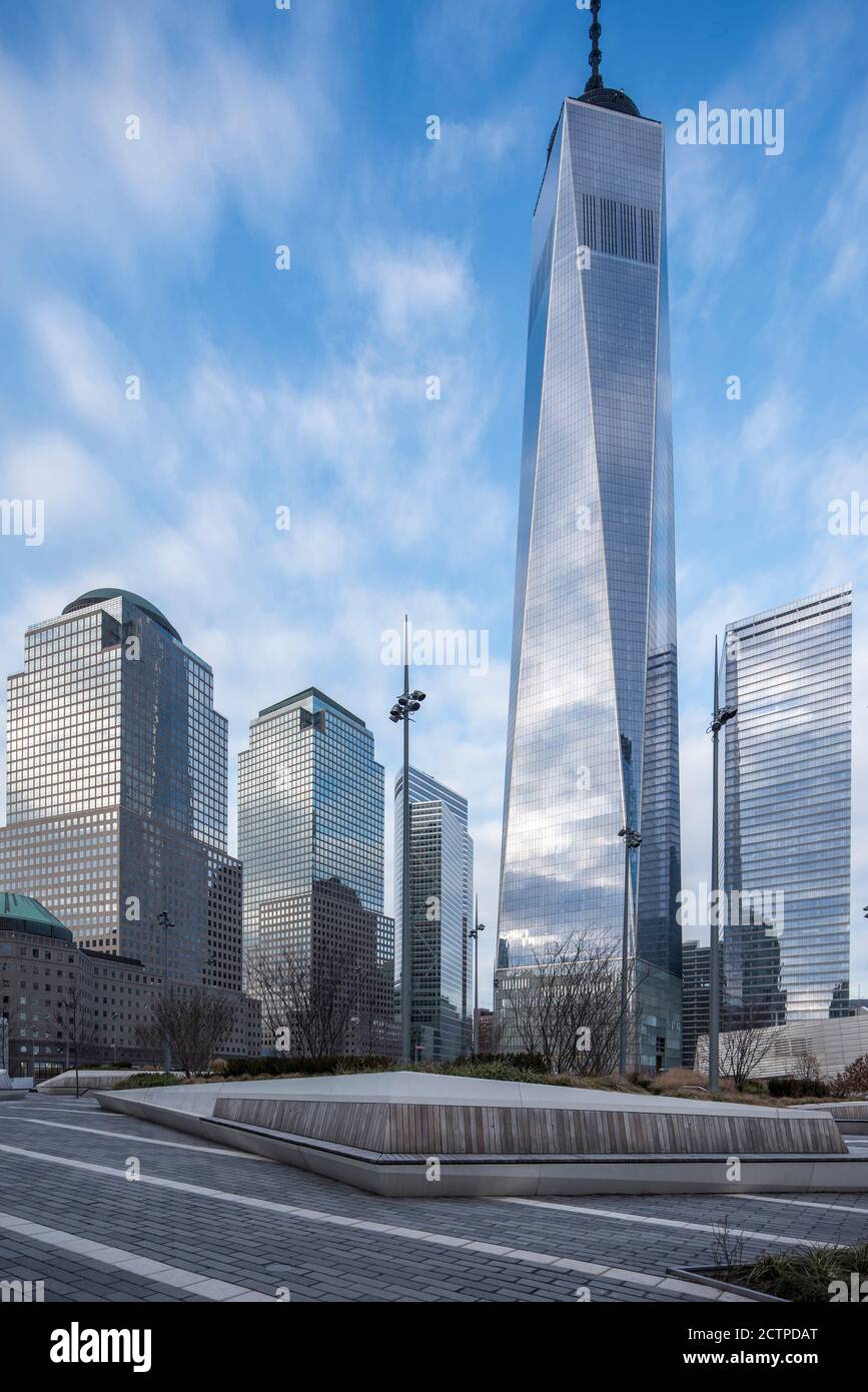 Looking west towards Freedom Tower, twin towers of Battery Park by Cesar Pelli on the left of frame. One World Trade Center, New York, United States. Stock Photo