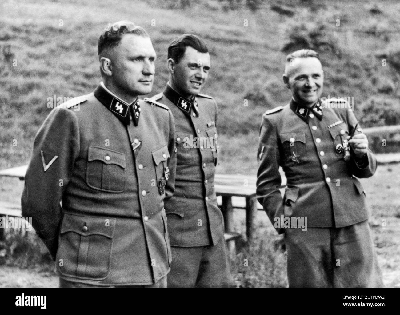 Josef Mengele. Photograph of Richard Baer, Josef Mengele and Rudolf Höss at Auschwitz in 1944 Stock Photo