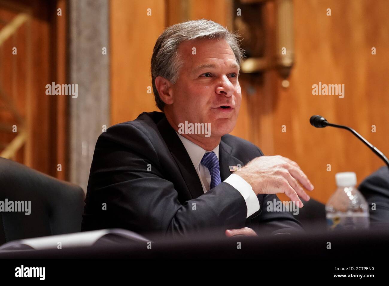 Washington, United States. 24th Sep, 2020. FBI Director Christopher Wray testifies at a Senate Homeland Security and Governmental Affairs Committee hearing on 'Threats to the Homeland' on Capitol Hill in Washington, DC on Thursday, September 24, 2020. Pool photo by Joshua Roberts/UPI Credit: UPI/Alamy Live News Stock Photo