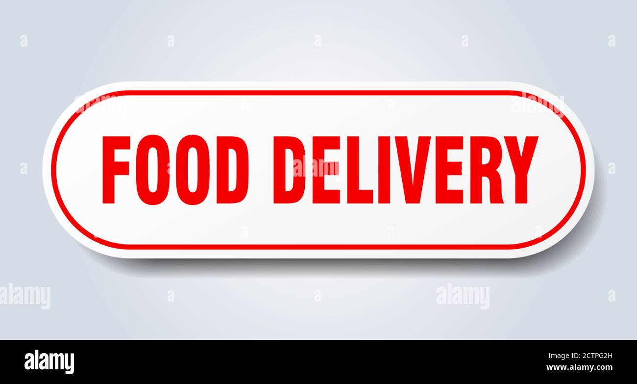 food delivery sign. rounded isolated sticker. white button Stock Vector ...