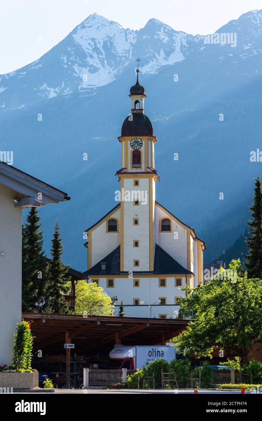 Neustift im Stubaital, Austria – May 27, 2017. Exterior view of parish church Pfarre Neustift in Neustift. Stock Photo