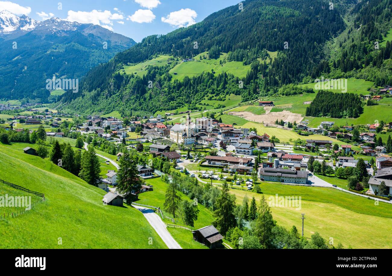 Neustift im Stubaital, Austria – May 28, 2017. View over Neustift im Stubaital village in Tirol, Austria. Stock Photo