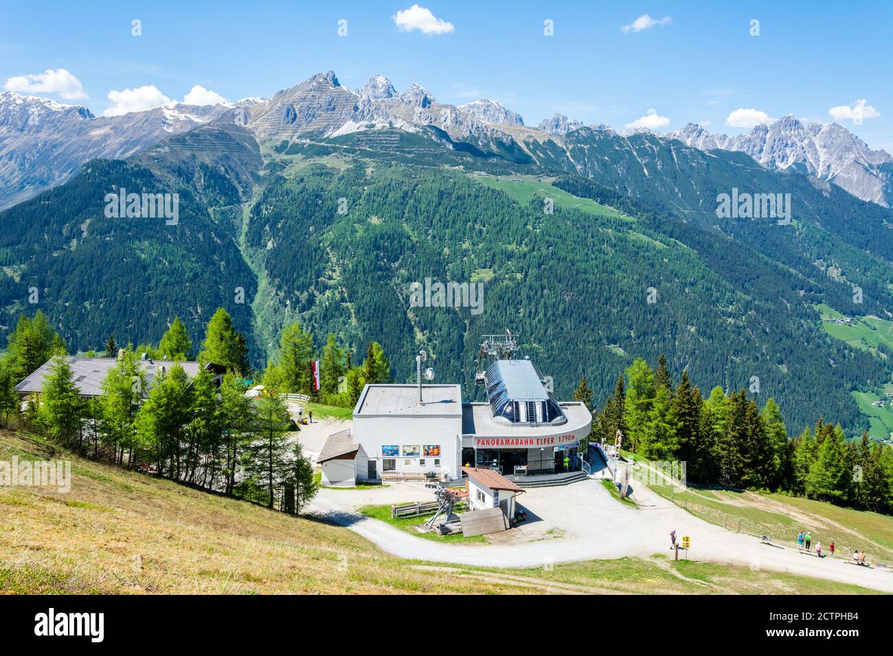 Neustift im Stubaital, Austria – May 28, 2017. Mountain station of Panoramabahn Elfer cable car in Stubaital valley in Tirol, Austria. Stock Photo
