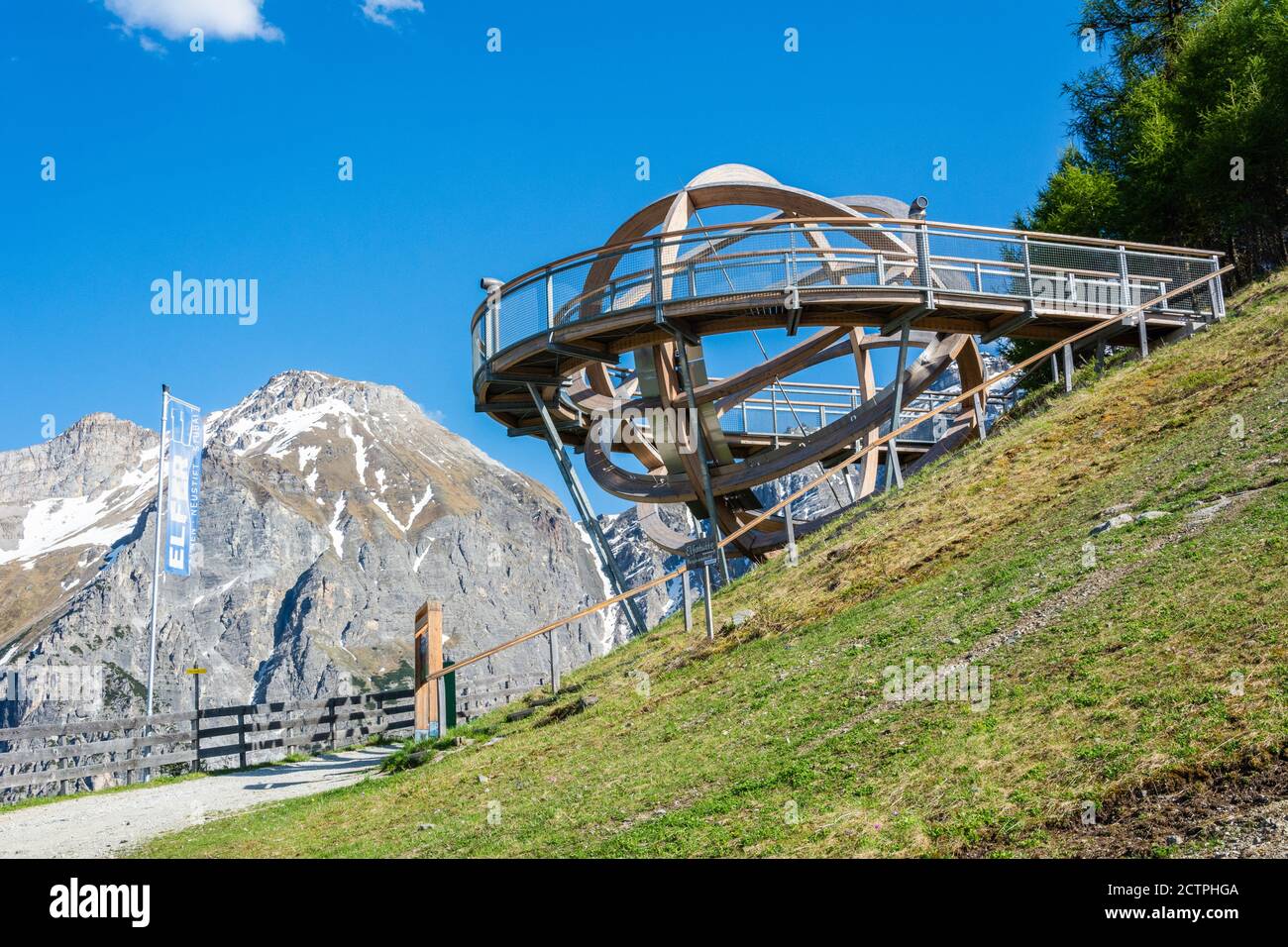 Neustift im Stubaital, Austria – May 28, 2017. Wooden walk-in sundial at Mountain station of Panoramabahn Elfer cable car in Stubaital valley in Tirol Stock Photo