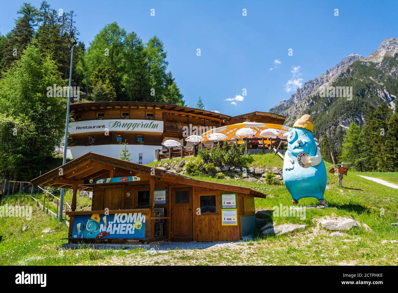 Fulpmes, Tirol, Austria – May 29, 2017. Exterior view of Briggeralm restaurant near mountain station of Kreuzjochbahn cable car in Stubaital valley in Stock Photo