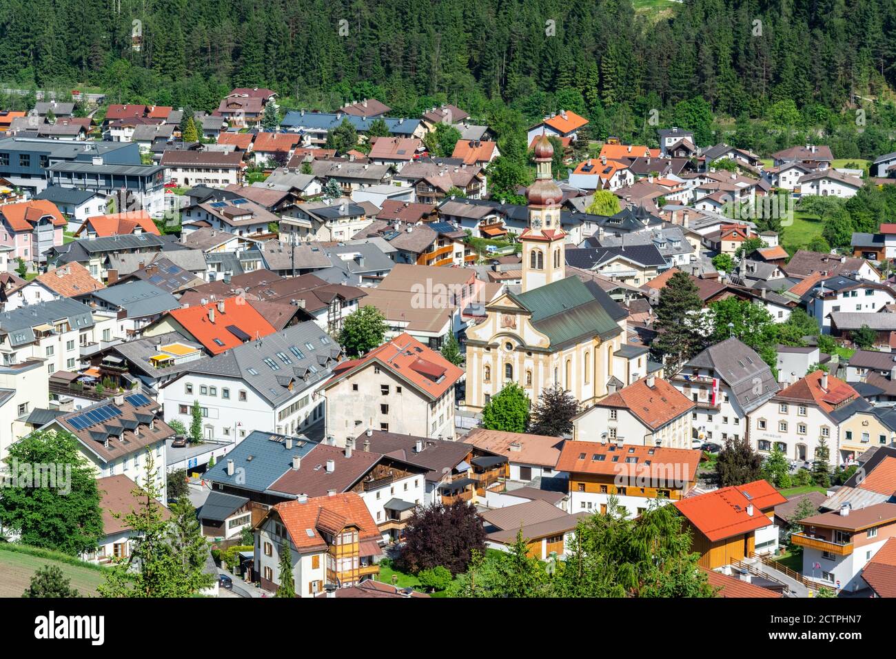 Fulpmes, Austria – May 29, 2017. View over Fulpmes village in Tirol, Austria. Stock Photo