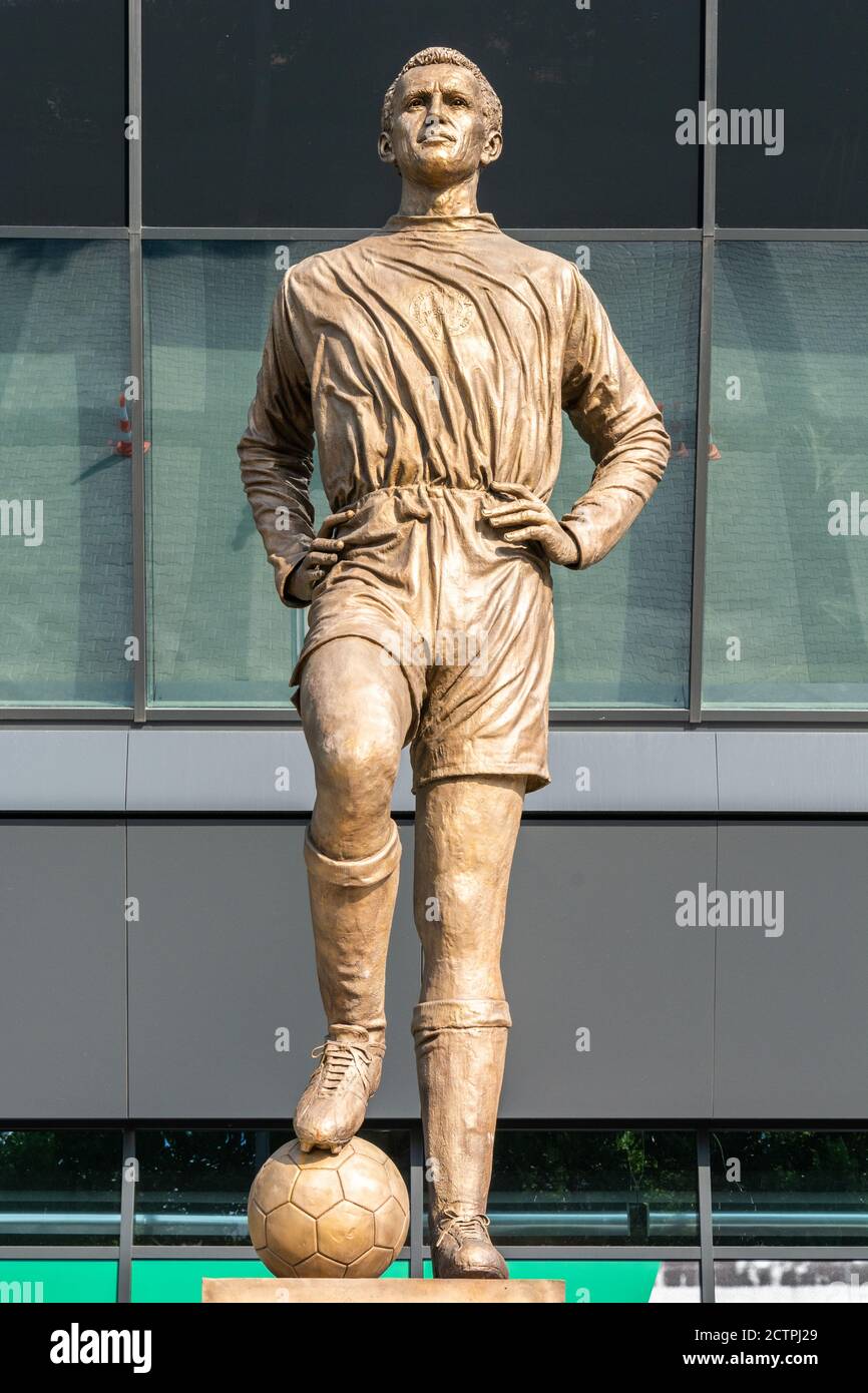 Budapest, Hungary – June 4, 2017. Monument to Albert Florian (1941-2011) near Groupama Arena stadium in Budapest. Florian Albert was a Hungarian inter Stock Photo