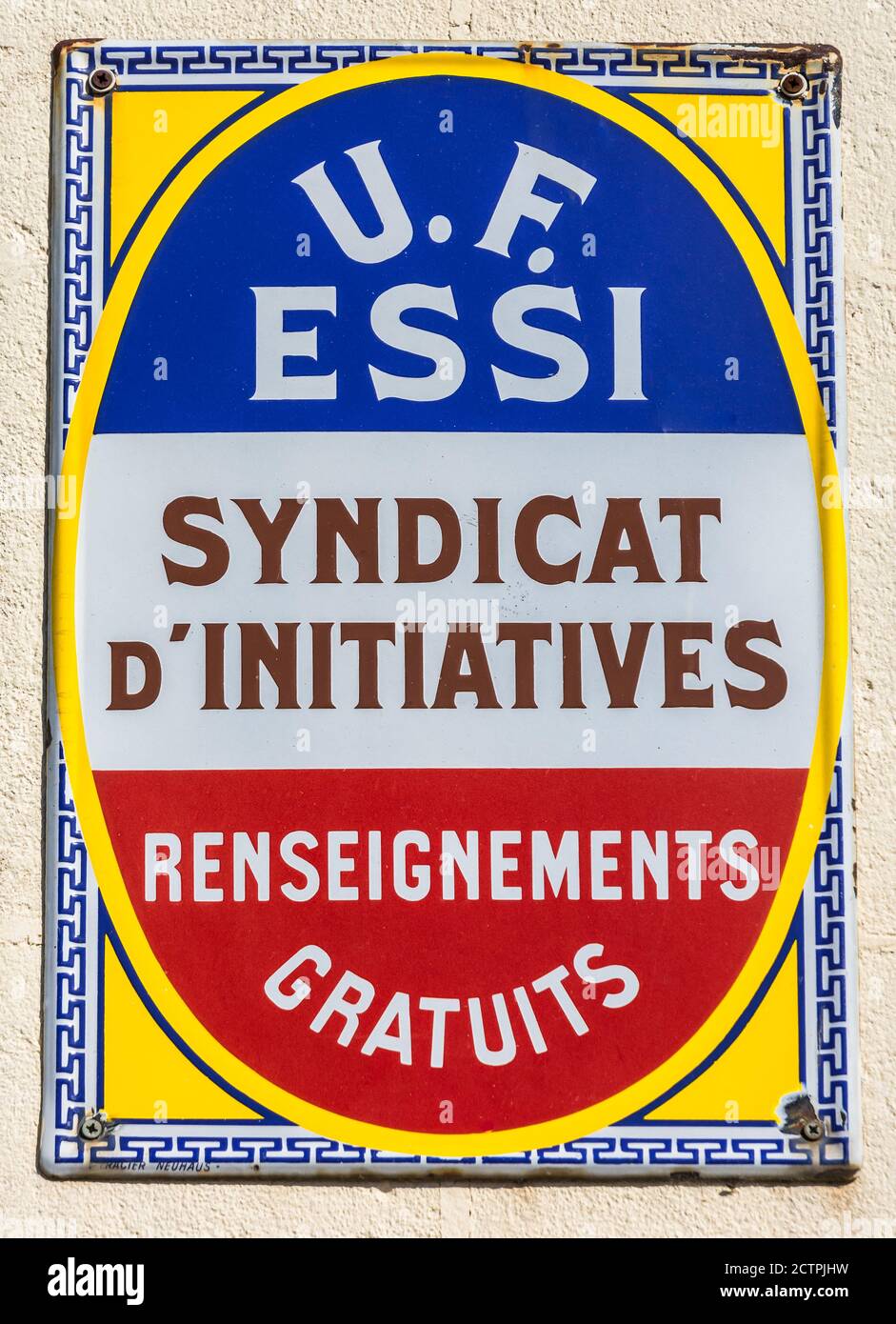 'U.F. Essi Syndicat d'Initiative' sign - Rancon, Haute-Vienne (87), France. Stock Photo
