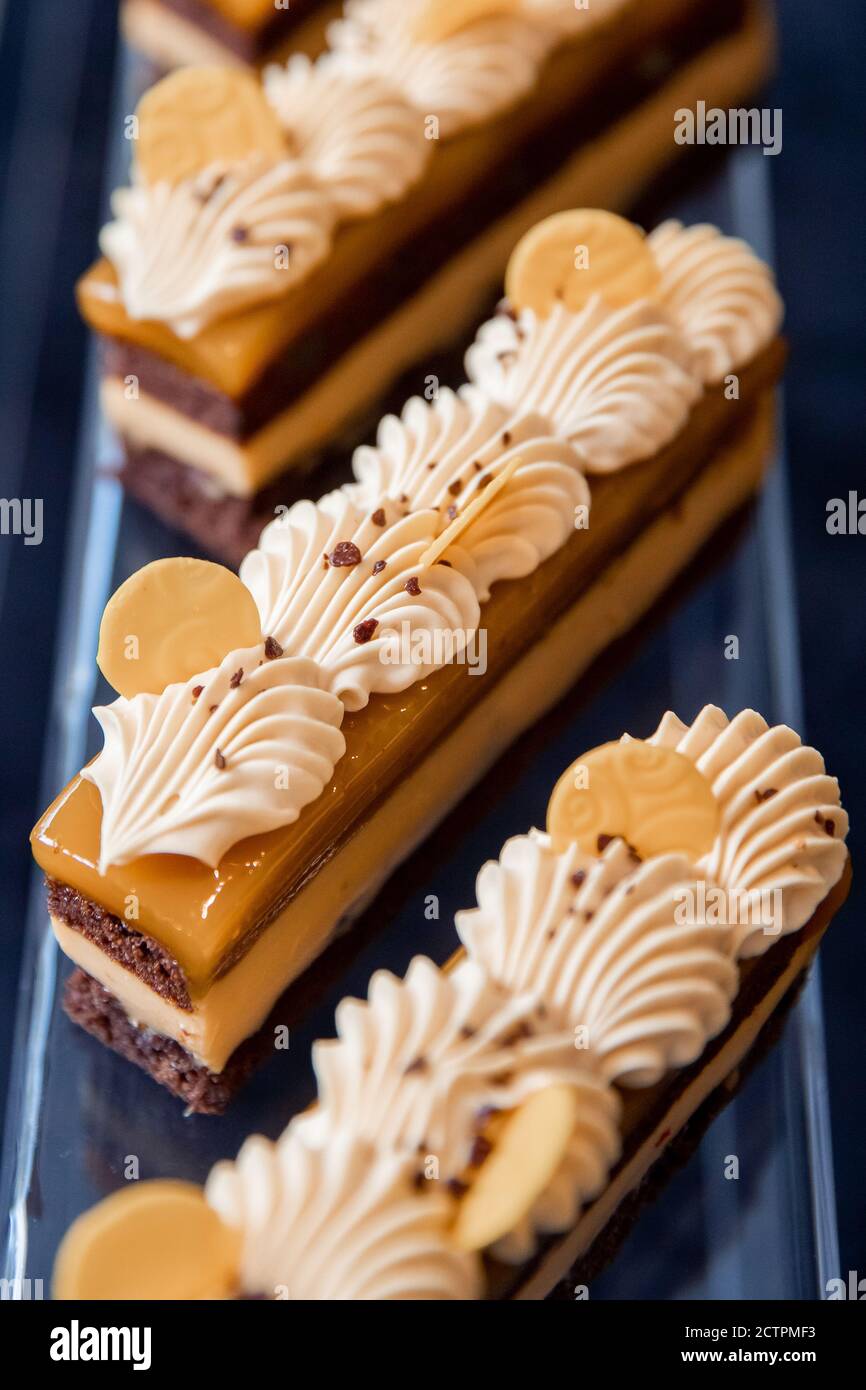 Sweet dessert table for catering and weddings, chocolate cake with