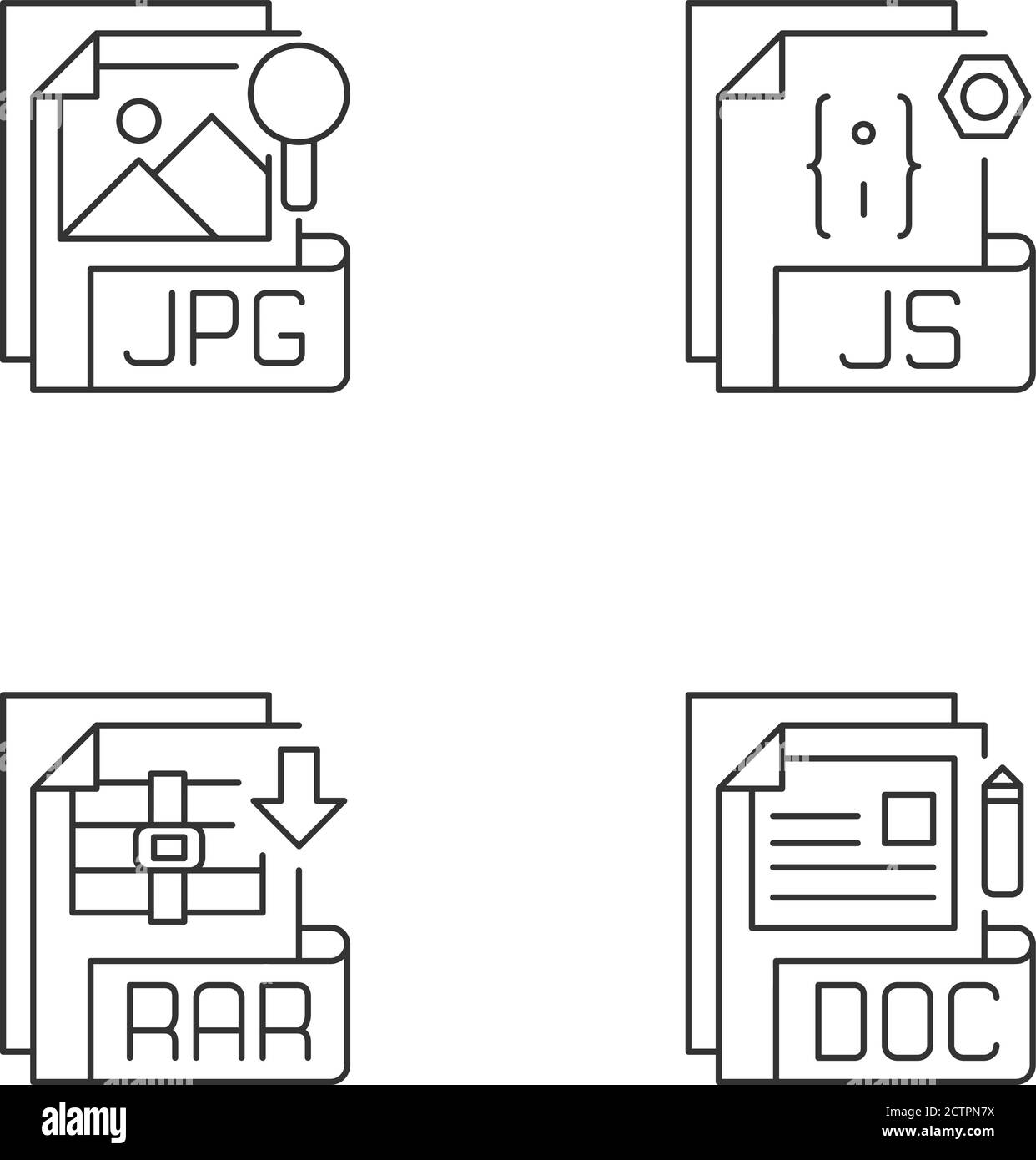 File types pixel perfect linear icons set Stock Vector
