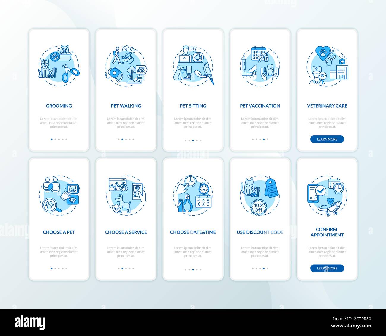 Pet services onboarding mobile app page screen with concepts set Stock Vector