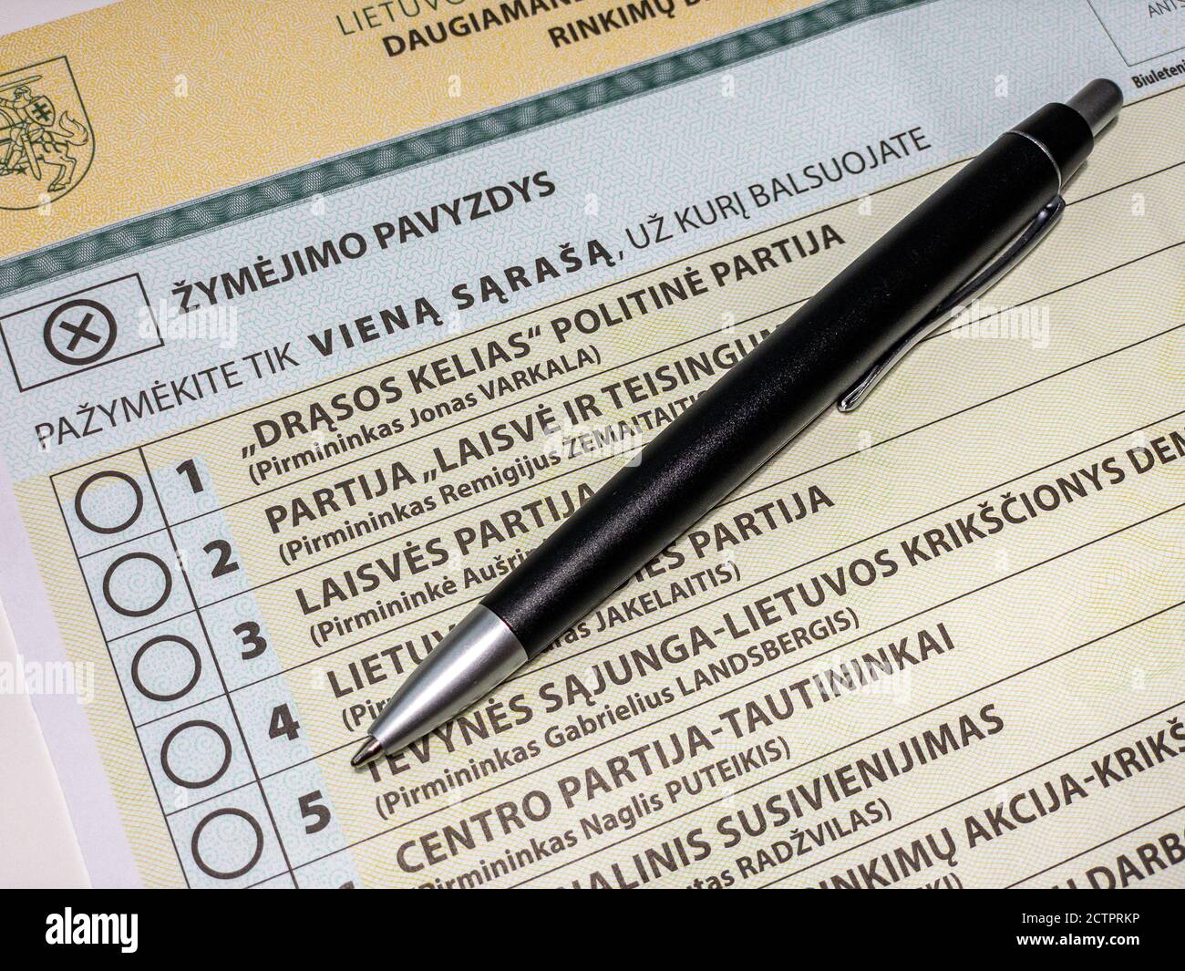 Close up voting ballot for for 2020 Lithuanian Seimas parliamentary elections with black pen Stock Photo