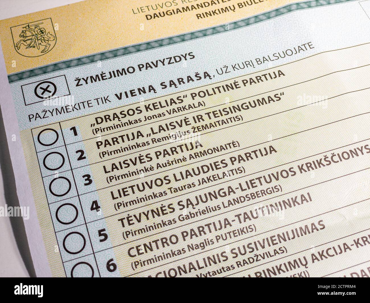 Close up multi-mandate voting ballot for for 2020 Lithuanian Seimas parliamentary elections with black pen Stock Photo