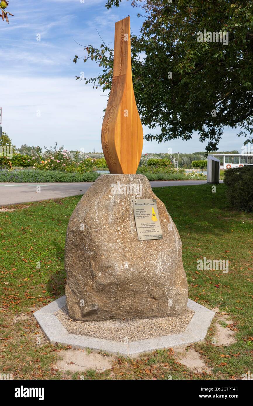 Flamme des Friedens (Flame of Peace - showing the concept of peace) - a sculpture in Tulln an der Donau, a town on the Danube in Lower Austria Stock Photo