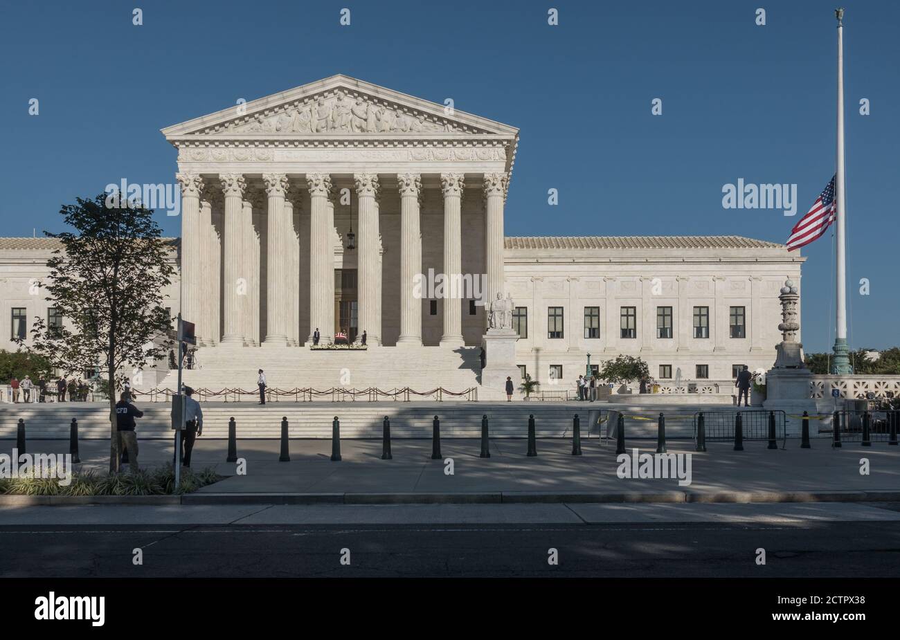 Sept. 23, 2020 - The casket of Supreme Court Justice Ruth Bader Ginsburg ion repose under the portico of the Supreme Court building, flag at half staff, awaiting a flow of mourners to pay their respects. Stock Photo