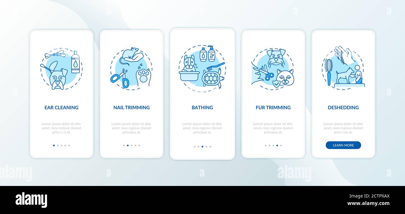 Grooming services types onboarding mobile app page screen with concepts Stock Vector
