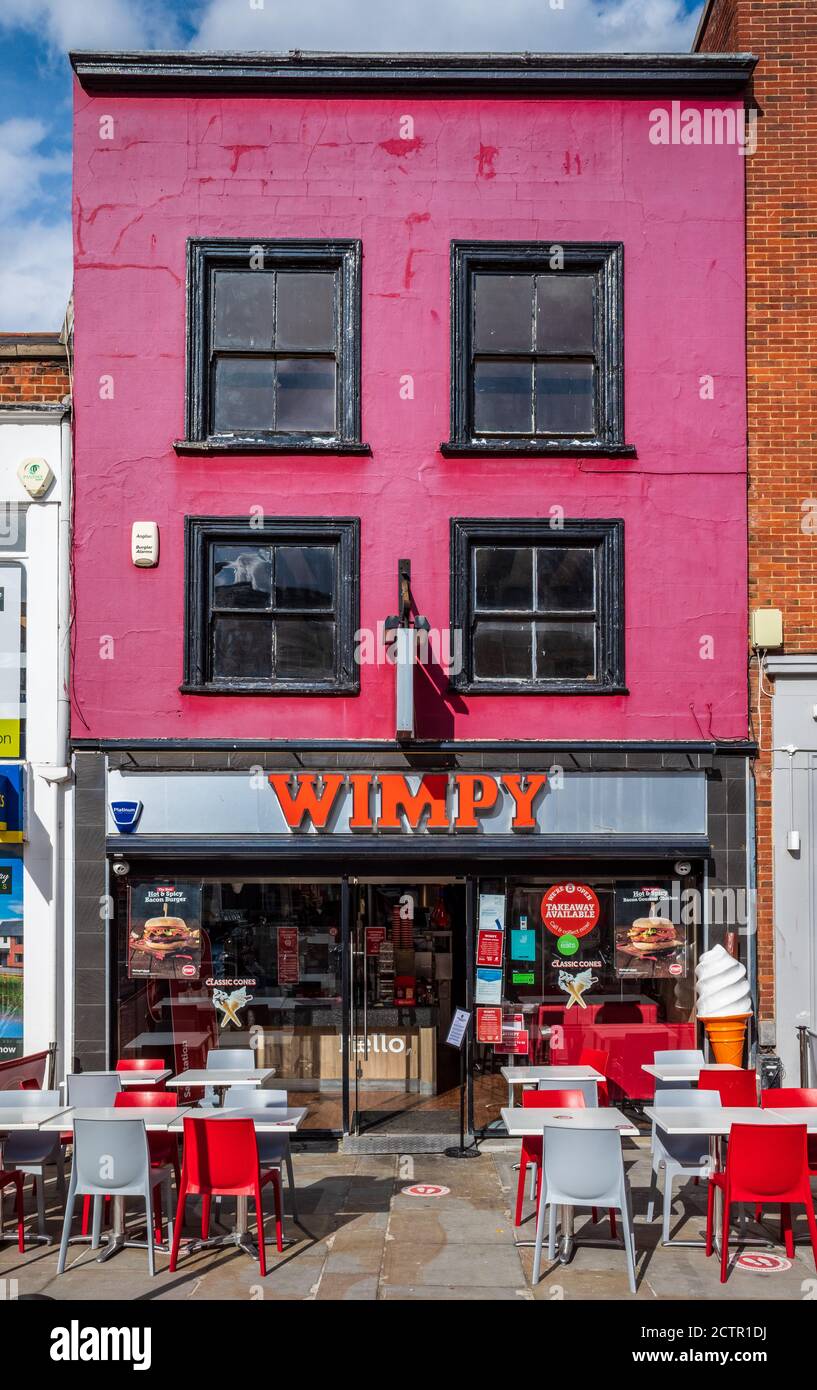 Wimpy Restaurant in Colchester - Wimpy is a chain of fast food restaurants being upgraded to table service Diners. Historically known as Wimpy Bars. Stock Photo