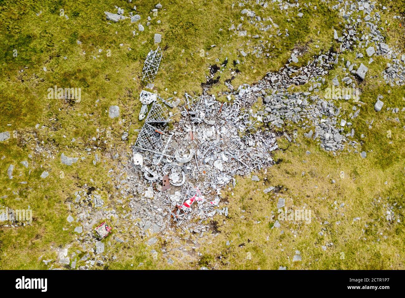 Aerial view of the wreckage of a 2nd world war Wellington bomber on a Welsh hillside Stock Photo