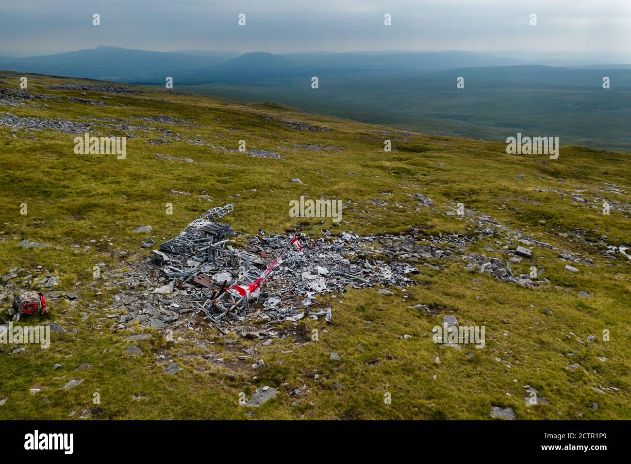 Aerial view of the wreckage of a 2nd world war Wellington bomber on a Welsh hillside Stock Photo