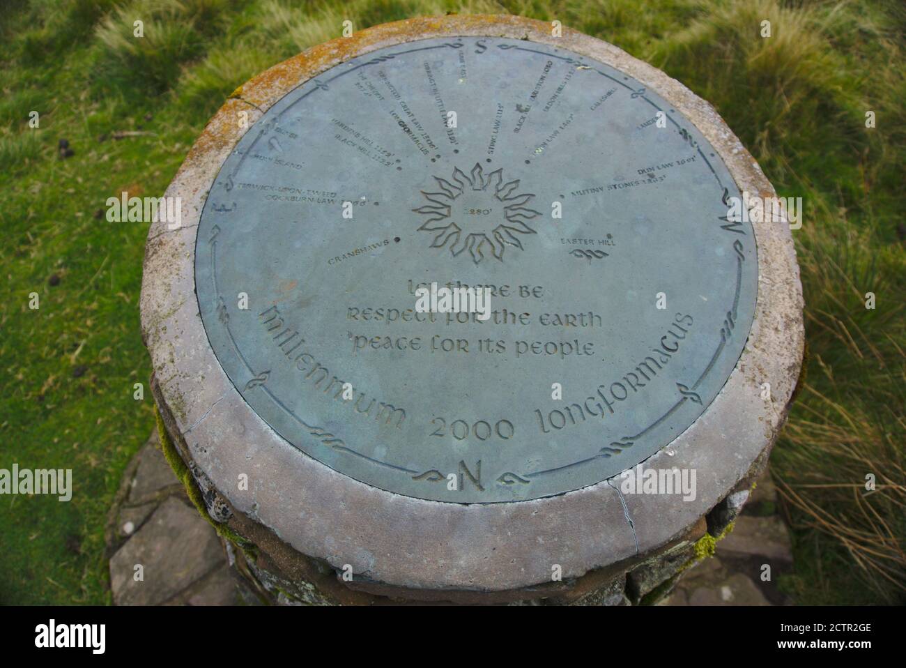 Toposcope on the Millennium cairn in the Lammermuir hills near Longformacus, Berwickshire, Scottish Borders, UK. Stock Photo