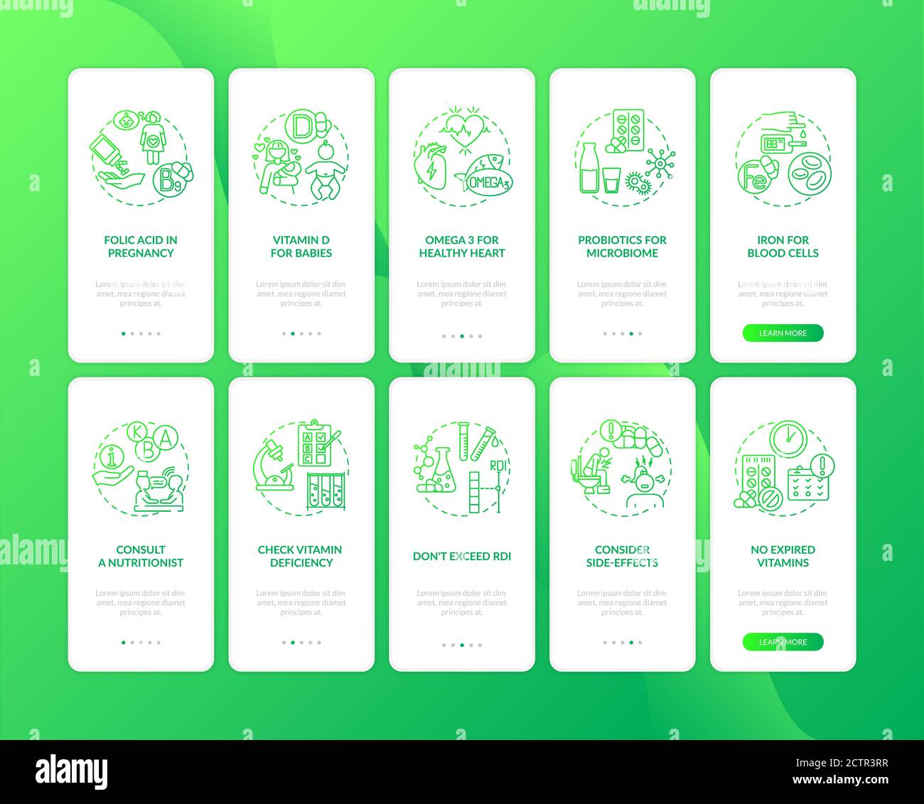 Essential supplements, consumption tips onboarding mobile app page screen with concepts set Stock Vector