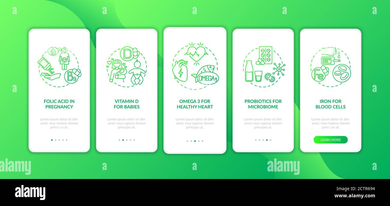 Essential supplements onboarding mobile app page screen with concepts Stock Vector