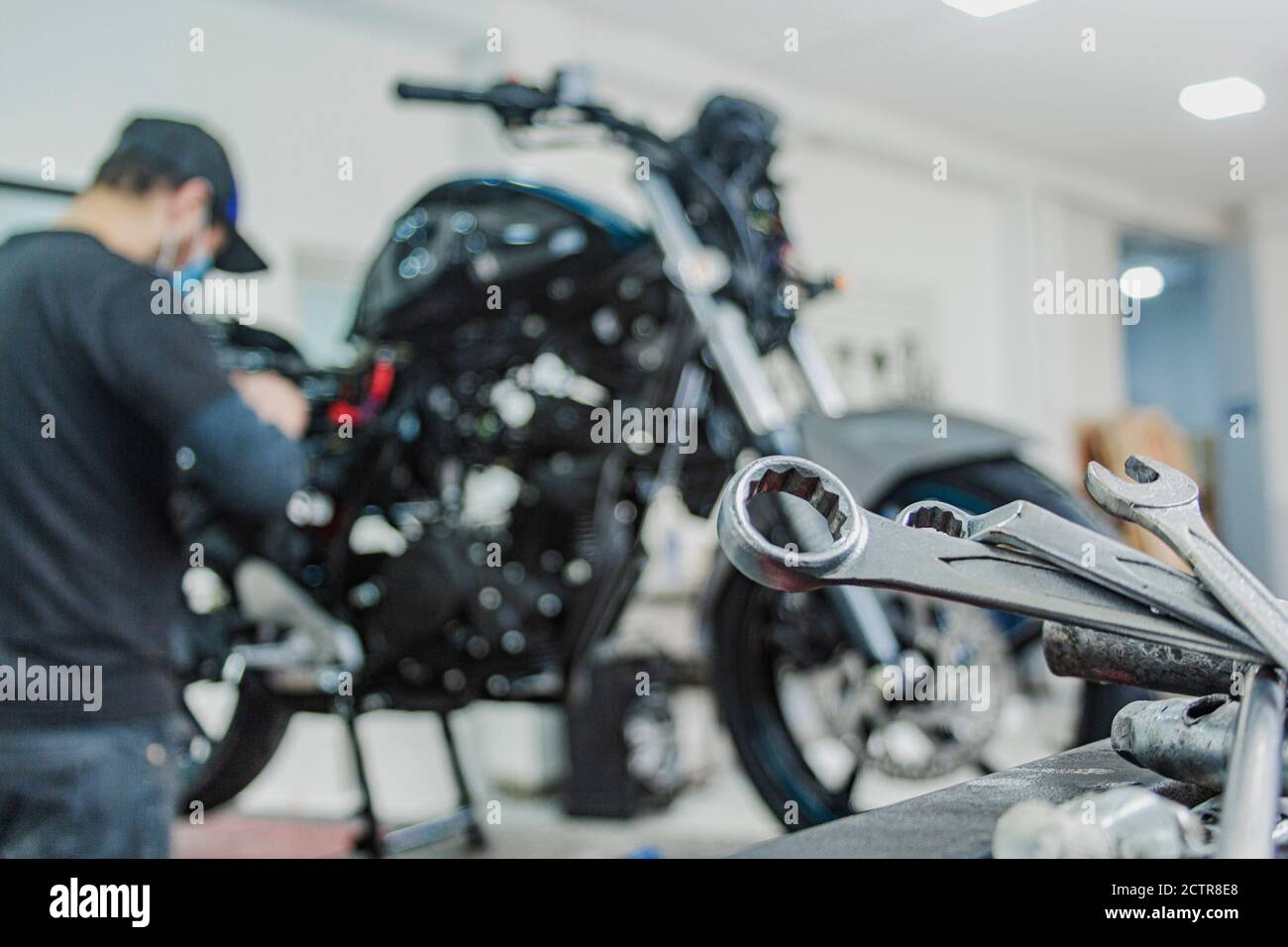 Motorcycle mechanics workshop, professional tools, selective focus. Stock Photo