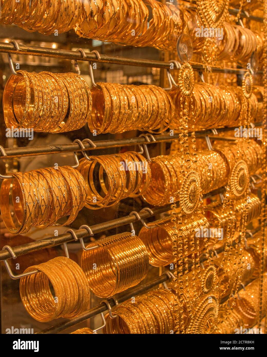 Gold bracelets in one of the many souks in Dubai, United Arab Emirates (UAE) Stock Photo