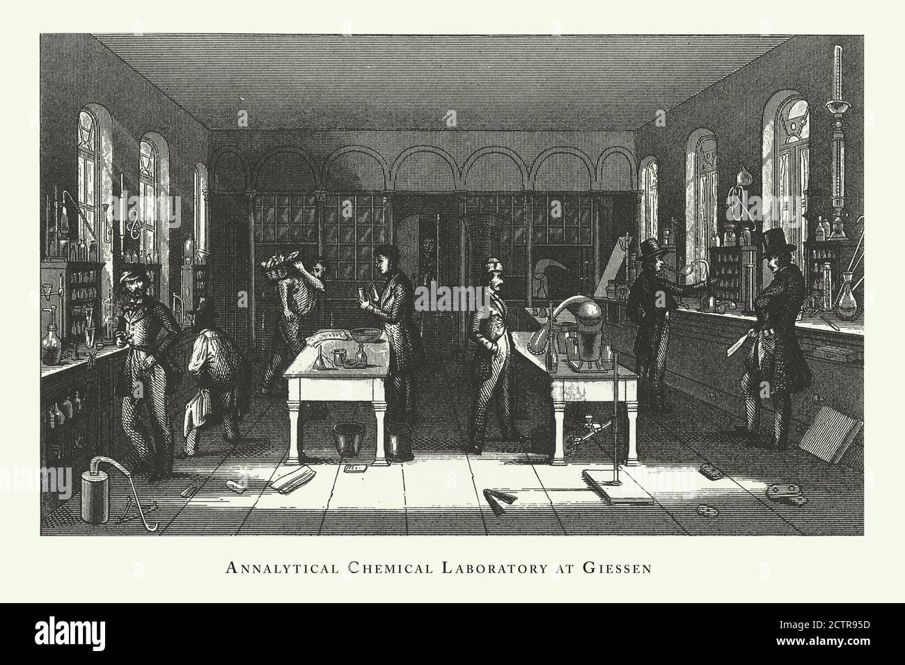 Analytical Chemical Laboratory at Giessen, Chemical Laboratory, Apparatus, and Equipment Engraving Antique Illustration, Published 1851 Stock Photo