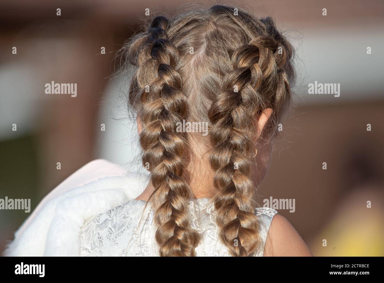 Hairstyle French braid inside out, on the head of a young girl. Stock Photo