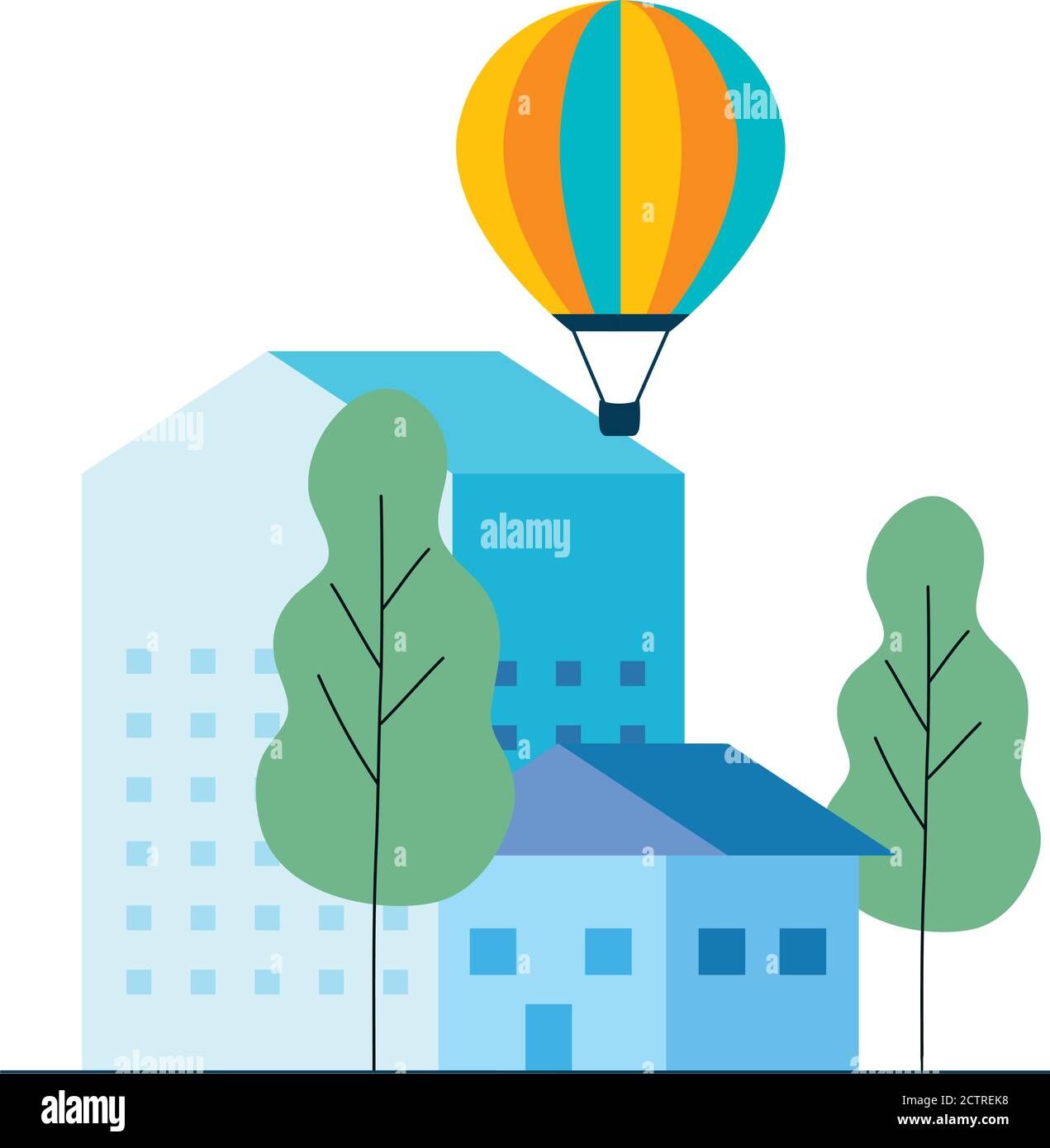 hot air balloon house building and trees vector design Stock Vector ...
