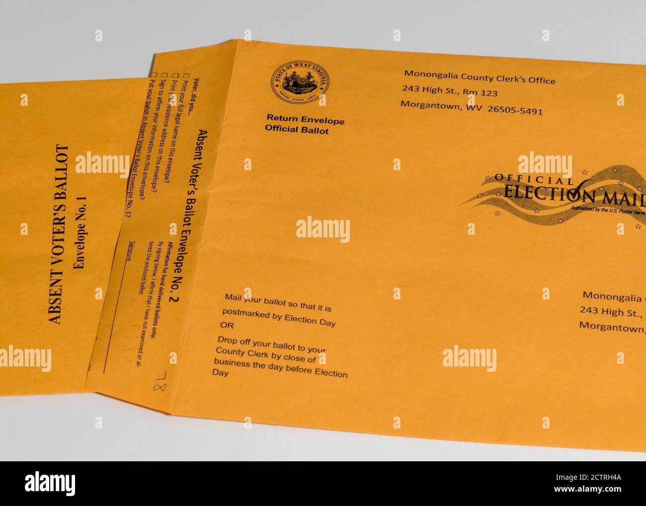 Two envelopes used in West Virginia for absentee or mail-in voting in Presidential election Stock Photo