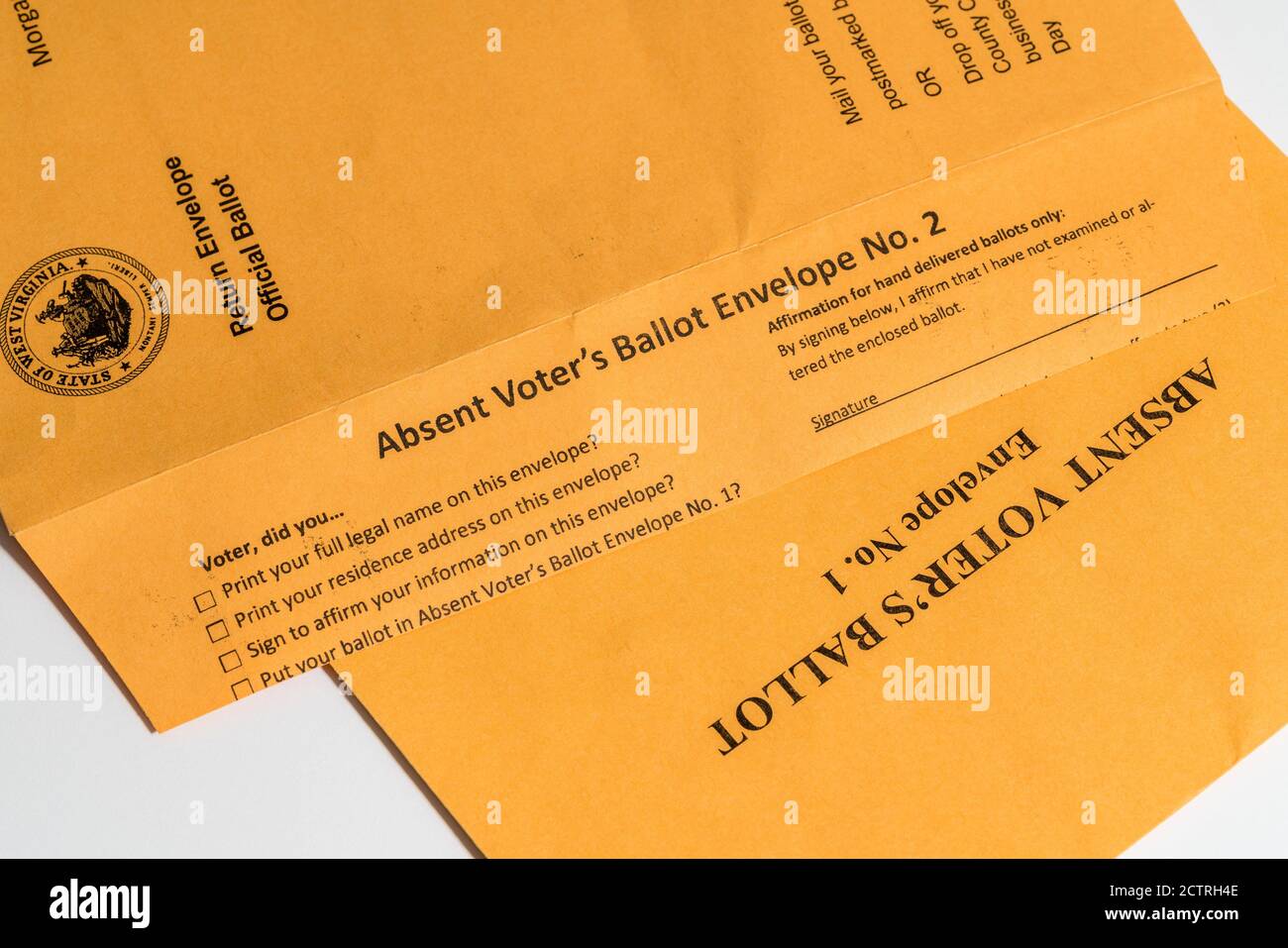 Two envelopes used in West Virginia for absentee or mail-in voting in Presidential election Stock Photo