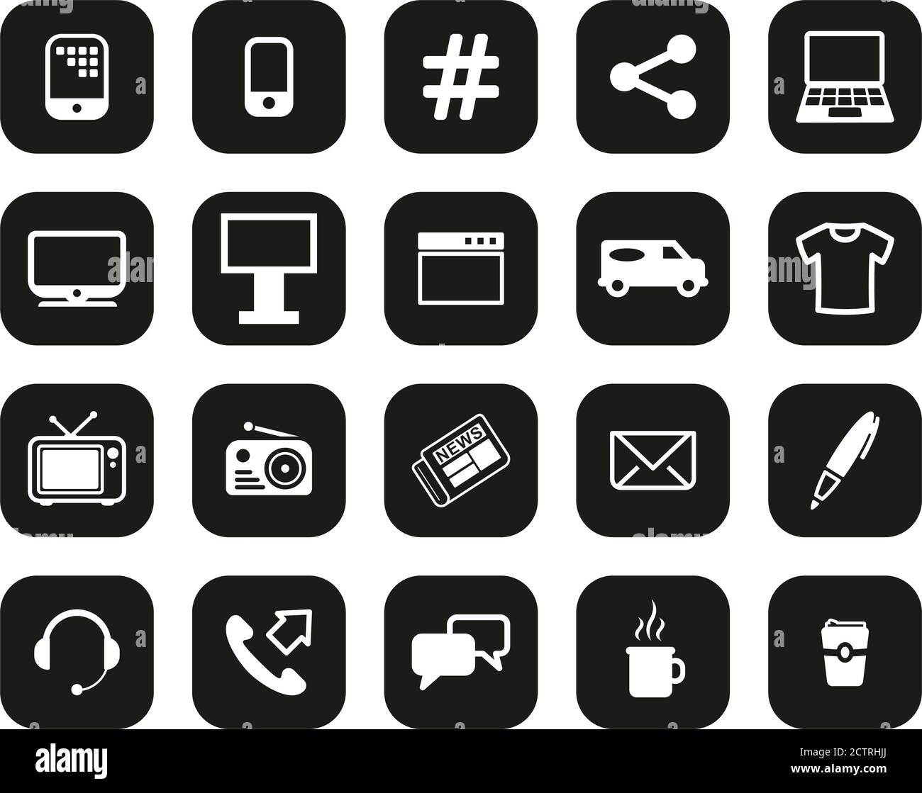 Advertising Media Icons White On Black Flat Design Set Big Stock Vector ...