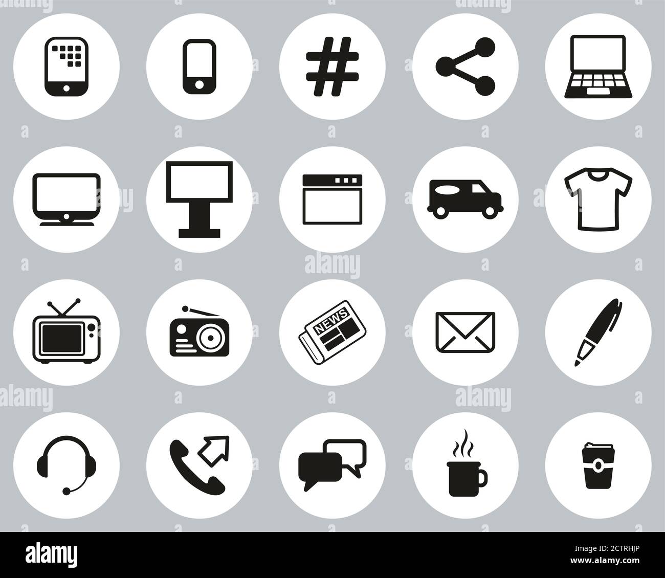 Advertising Media Icons Black & White Flat Design Circle Set Big Stock ...