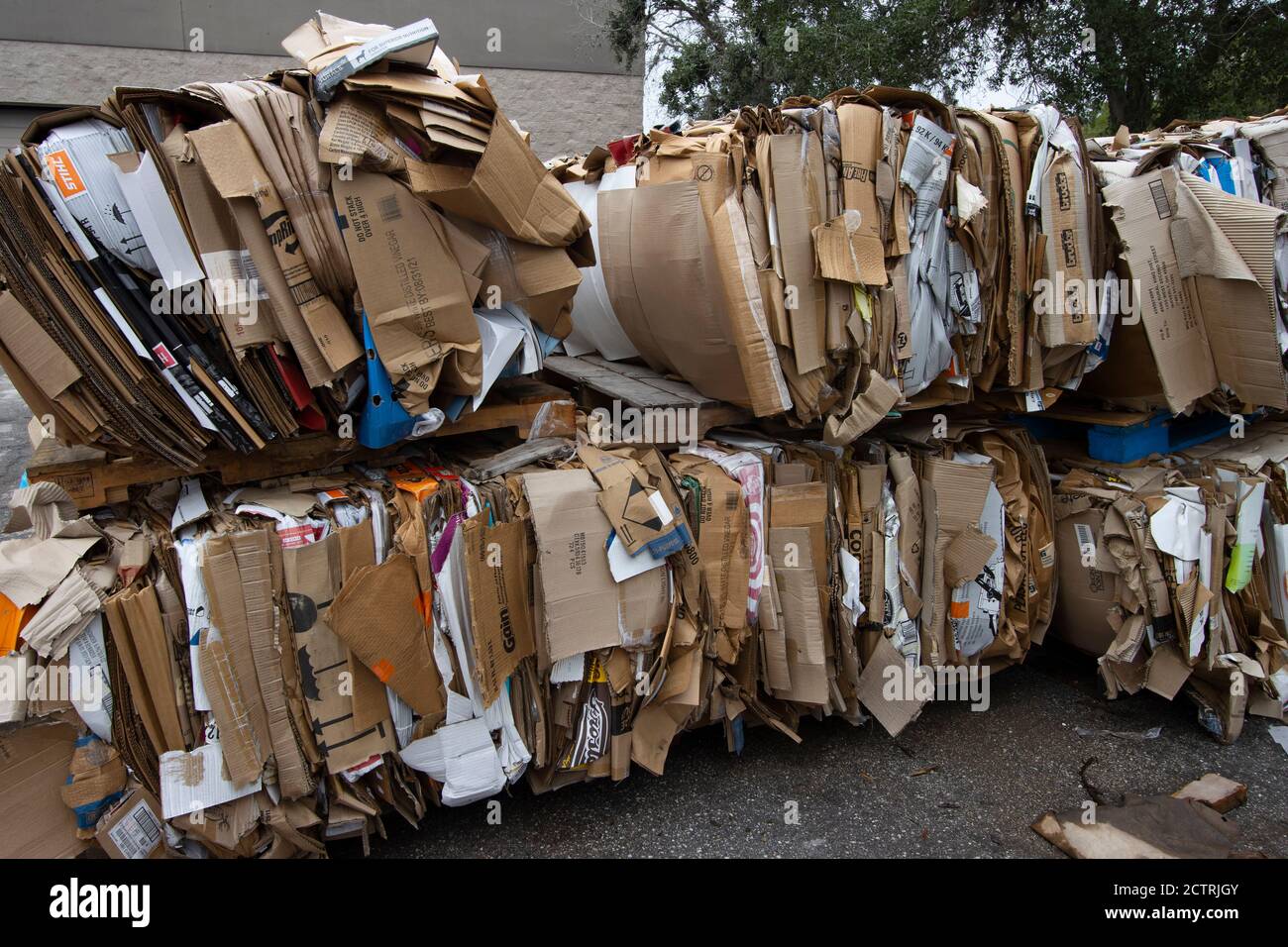 Cardboard boxes bundled outside a large retail store awaiting pickup