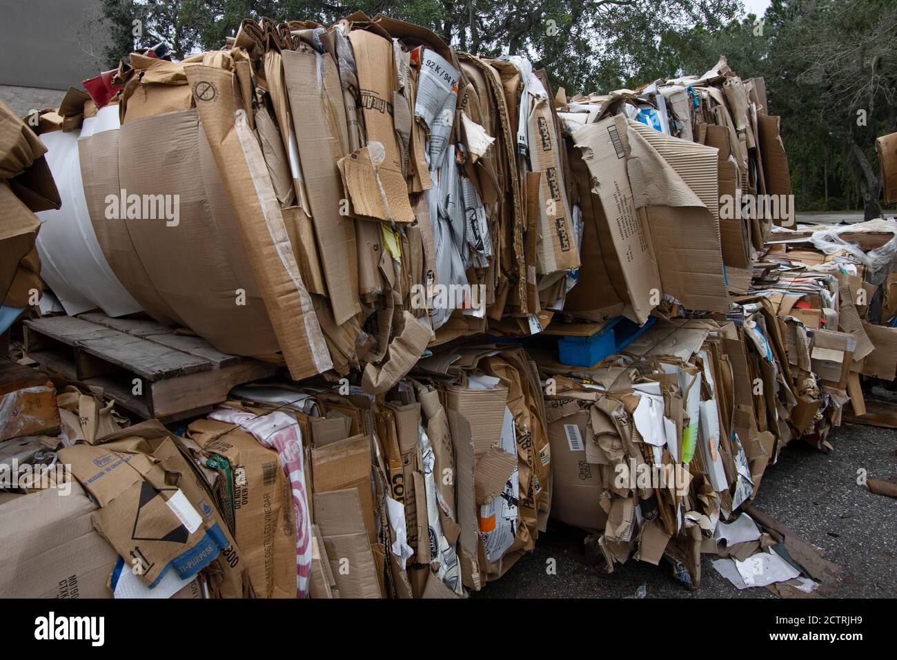Cardboard boxes bundled outside a large retail store awaiting pickup