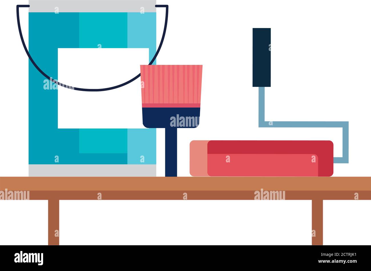construction bucket and paint roll and brush on shelf vector design ...